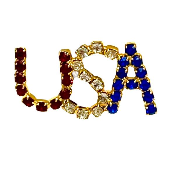 Vintage 1.3" USA BROOCH American Red White Blue Patriotic Crystal Tie Tack Pin - Picture 1 of 5